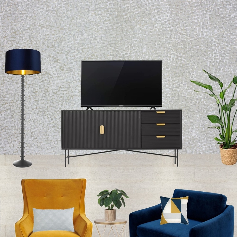 Saira - TV wall view with navy snuggle and mustard armchair + grey wallpaper Mood Board by Laurenboyes on Style Sourcebook