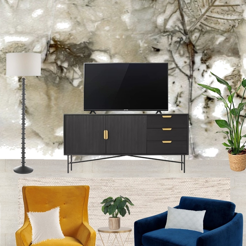 Saira - TV wall view with navy snuggle and mustard armchair + birch leaves wallpaper + white lampshade Mood Board by Laurenboyes on Style Sourcebook