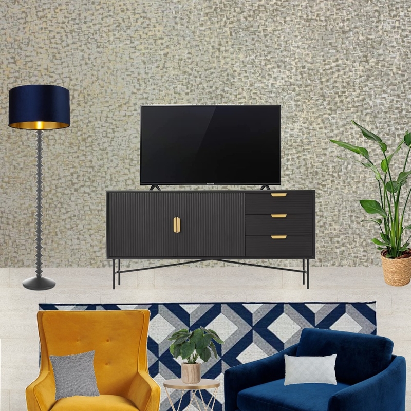 Saira - TV wall view with navy snuggle and mustard armchair + gold wallpaper Mood Board by Laurenboyes on Style Sourcebook