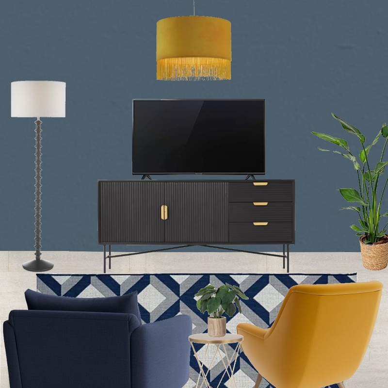Saira - TV wall view with navy snuggle and mustard armchair + blue paint and mustard ceiling lampshade - forward facing Mood Board by Laurenboyes on Style Sourcebook