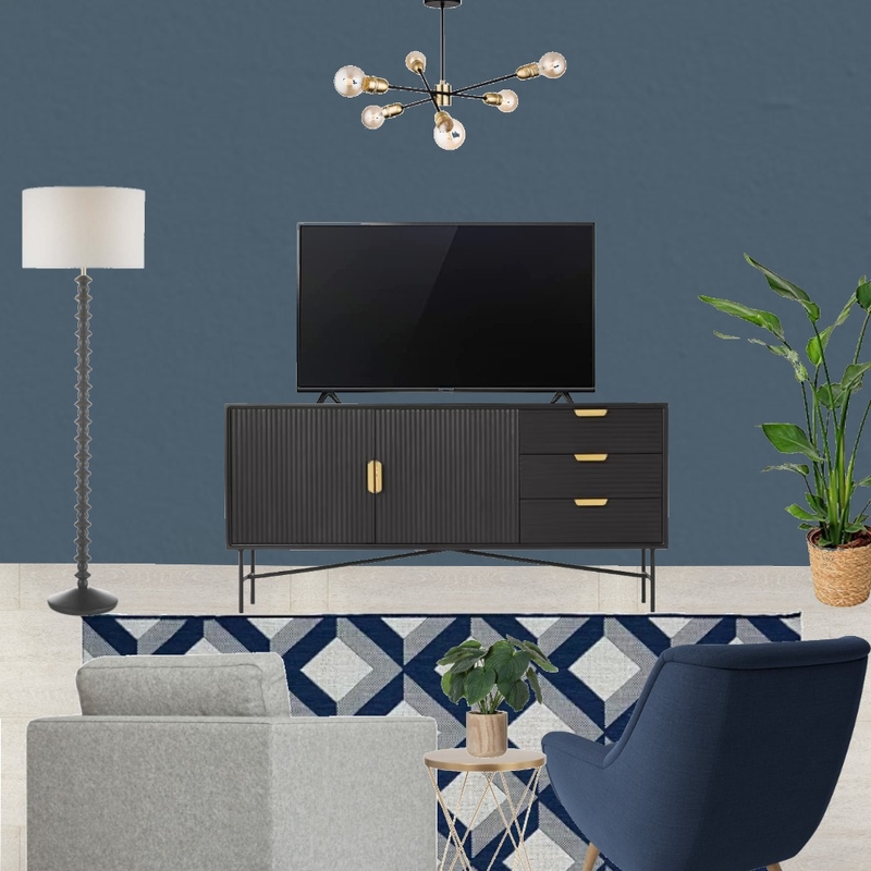 Saira - TV wall view with grey snuggle and navy armchair + blue paint + bulb lighting - forward facing Mood Board by Laurenboyes on Style Sourcebook