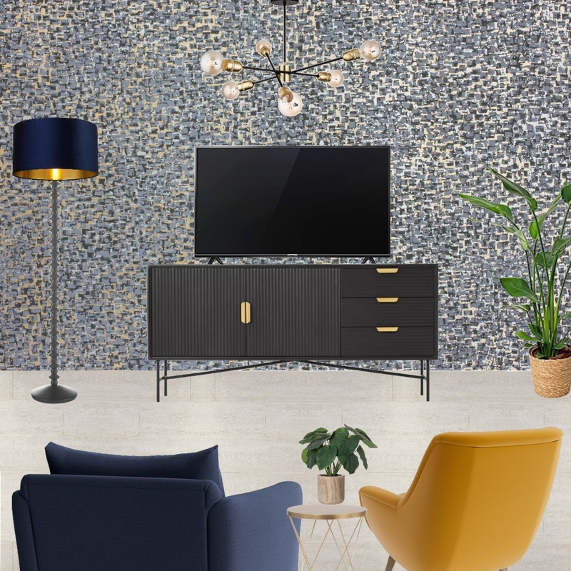Saira - TV wall view with navy snuggle and mustard armchair + navy and gold wallpaper - forward facing Mood Board by Laurenboyes on Style Sourcebook