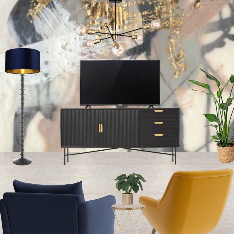 Saira - TV wall view with navy snuggle and mustard armchair + golden blush wallpaper - forward facing Mood Board by Laurenboyes on Style Sourcebook