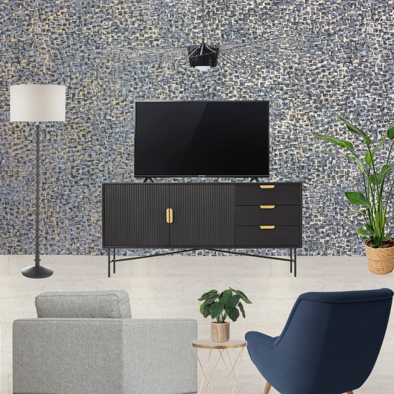 Saira - TV wall view with grey snuggle and navy armchair + navy, grey and gold wallpaper - forward facing Mood Board by Laurenboyes on Style Sourcebook