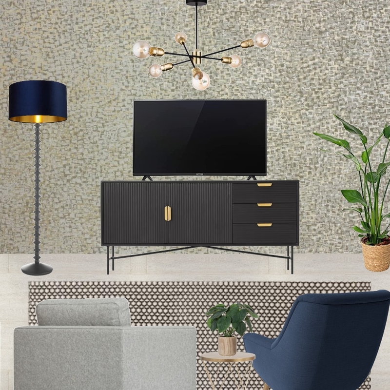 Saira - TV wall view with grey snuggle and navy armchair + grey and gold wallpaper - forward facing Mood Board by Laurenboyes on Style Sourcebook