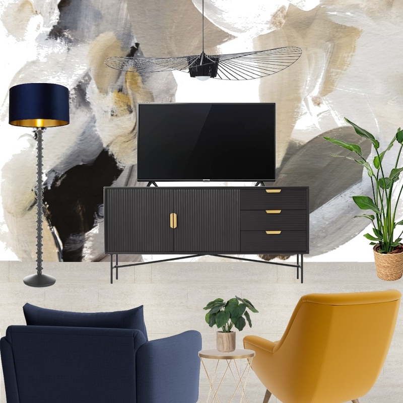 Saira - TV wall view with navy snuggle and mustard armchair + wall mural - forward facing Mood Board by Laurenboyes on Style Sourcebook