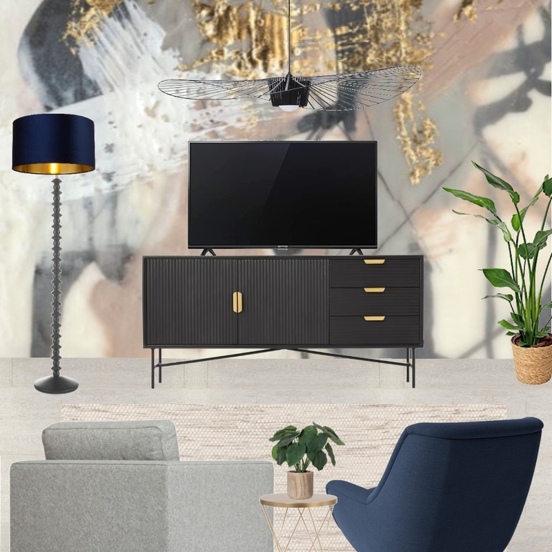 Saira - TV wall view with grey snuggle and navy armchair + golden blush wallpaper - forward facing Mood Board by Laurenboyes on Style Sourcebook