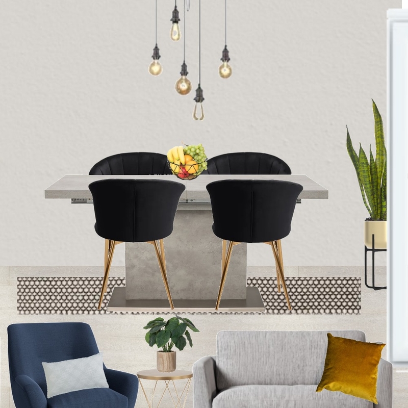 Saira - Dining view with grey paint, grey snuggle and navy armchair + Halmstad table and 5 wire pendant Mood Board by Laurenboyes on Style Sourcebook