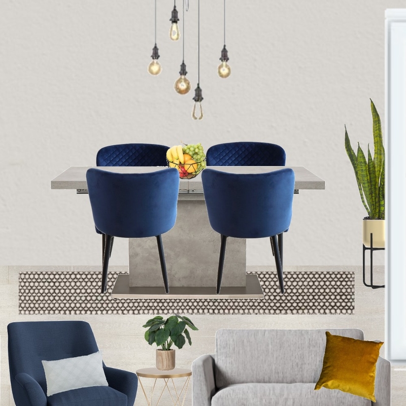 Saira - Dining view with grey paint, grey snuggle and navy armchair + Halmstad table and 5 wire pendant, blue chairs and black/beige rug Mood Board by Laurenboyes on Style Sourcebook