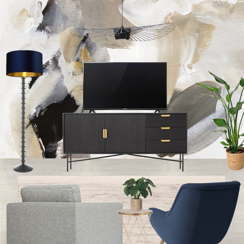 Saira - TV wall view with grey snuggle and navy armchair + wall art mural - forward facing with cream rug and vertigo pendant Mood Board by Laurenboyes on Style Sourcebook