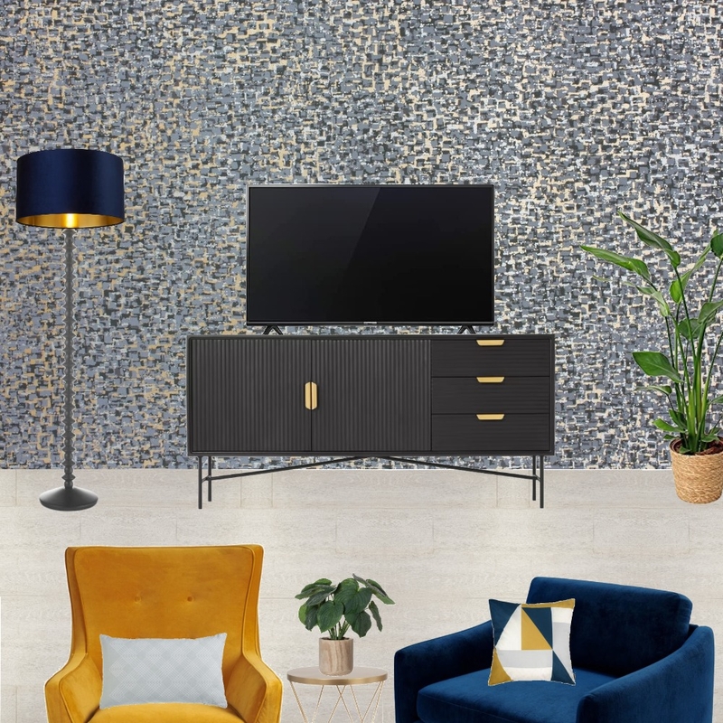 Saira - TV wall view with navy snuggle and mustard armchair + navy and gold wallpaper Mood Board by Laurenboyes on Style Sourcebook