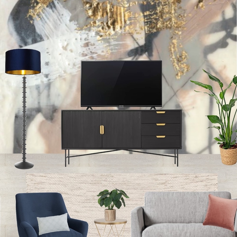 Saira - TV wall view with grey snuggle and navy armchair + golden blush wallpaper Mood Board by Laurenboyes on Style Sourcebook