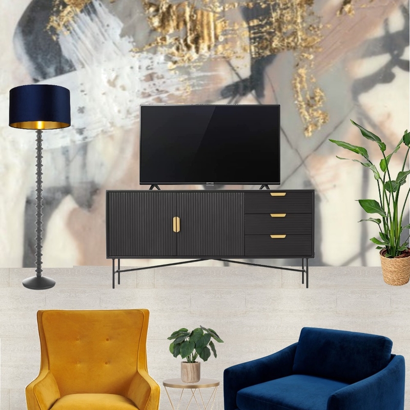 Saira - TV wall view with navy snuggle and mustard armchair + golden blush wallpaper Mood Board by Laurenboyes on Style Sourcebook