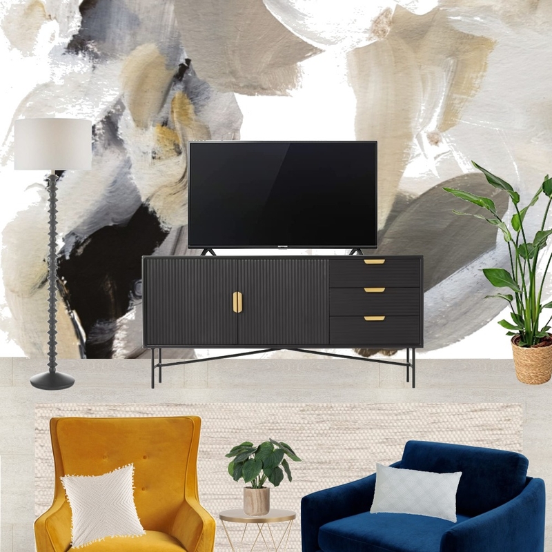 Saira - TV wall view with navy snuggle and mustard armchair + wall mural with white lampshade Mood Board by Laurenboyes on Style Sourcebook