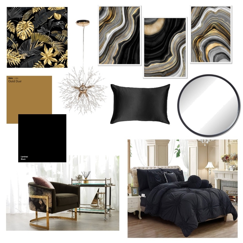 Gold and Black Bedroom Mood Board by Elaina on Style Sourcebook
