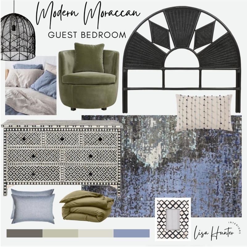 Modern Moroccan Bedroom - Black, Blue and Green Mood Board by Lisa Hunter Interiors on Style Sourcebook