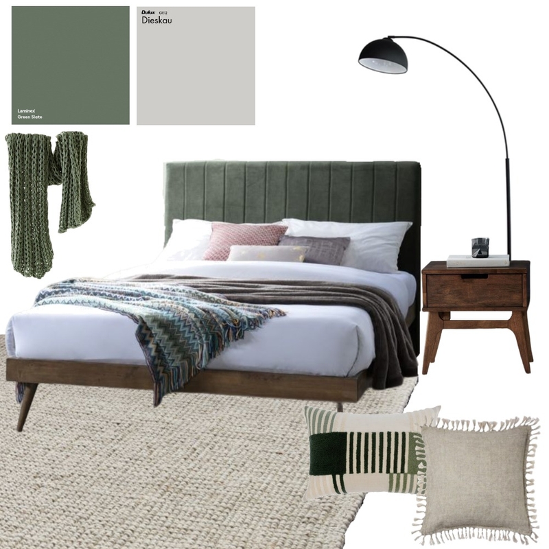 Franki 2PCE Queen Headboard and Bed Base Bundle | Walnut & Green Mood Board by caitlinb2c on Style Sourcebook