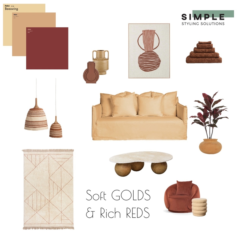 soft golds and rich reds Mood Board by Simplestyling on Style Sourcebook