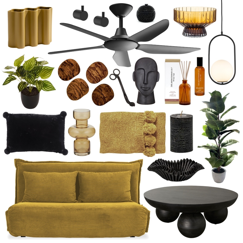 Mustard and Black Living Room 🪴🛋️ Mood Board by Lighting Illusions on Style Sourcebook