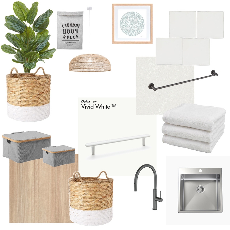 Laundry white, white tile, rattan pendant, chestnut floor Mood Board by alipearce82 on Style Sourcebook