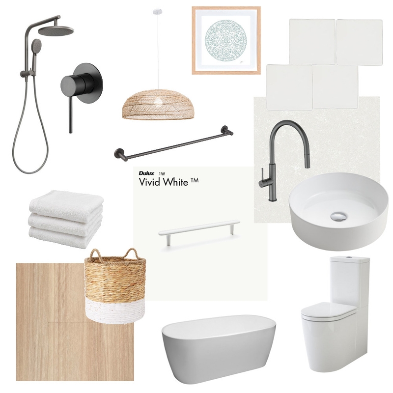 Bathroom white, white tile, rattan pendant, chestnut floor Mood Board by alipearce82 on Style Sourcebook