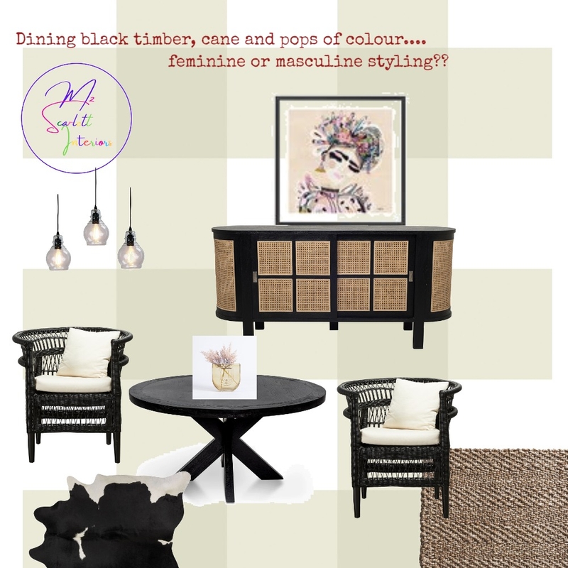 Dining black timber, cane and pops of colour Mood Board by Mz Scarlett Interiors on Style Sourcebook