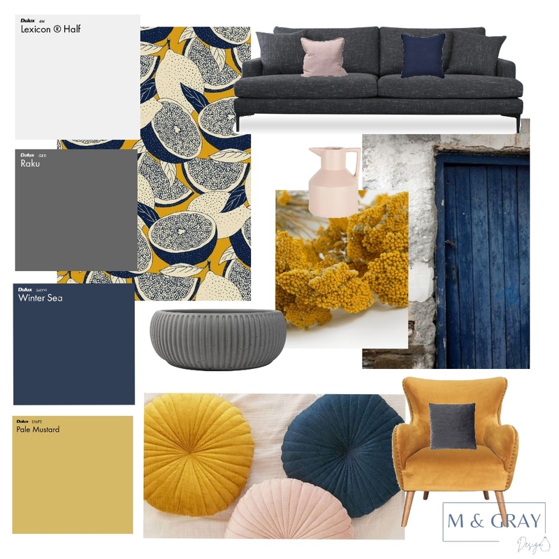 Mustard and Blue Triadic Color Scheme Mood Board by M & Gray Design on Style Sourcebook