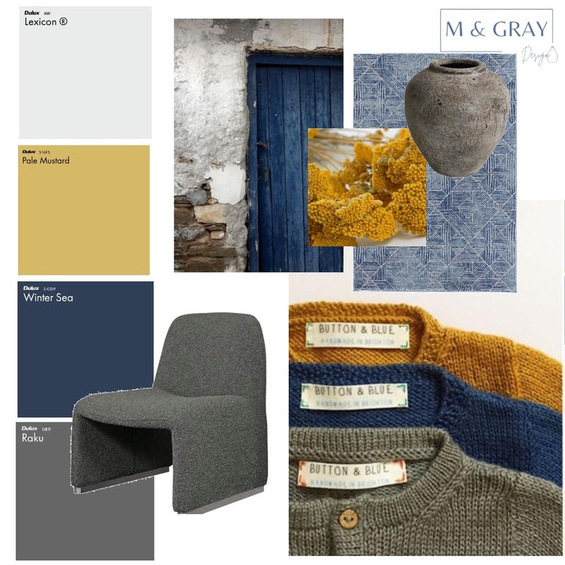 Mustard, Blue and Grey Triadic Color Scheme Mood Board by M & Gray Design on Style Sourcebook