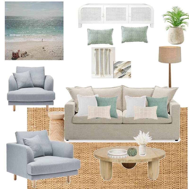 Sand Beige 3 seat Sofa Bed  & pale blue armchairs- Andros Island print Mood Board by LaraMcc on Style Sourcebook