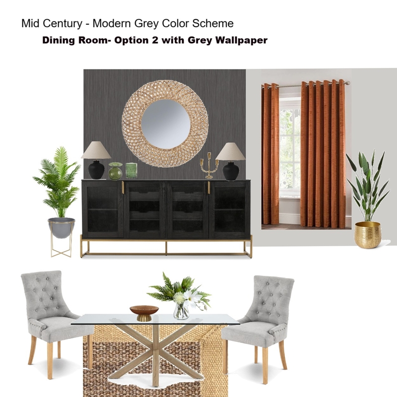 Grey Scheme Color Scheme- Dining Room with Grey Wallpaper &Rust Curtains Mood Board by Asma Murekatete on Style Sourcebook