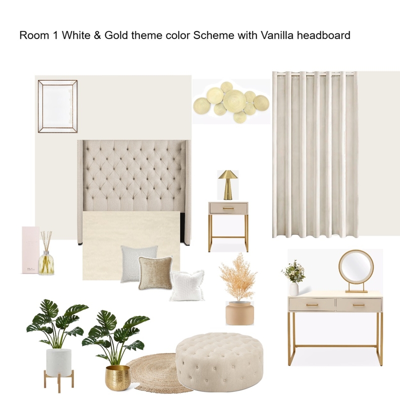 Room 1, white & Gold Color Scheme with Vanilla headboard Mood Board by Asma Murekatete on Style Sourcebook