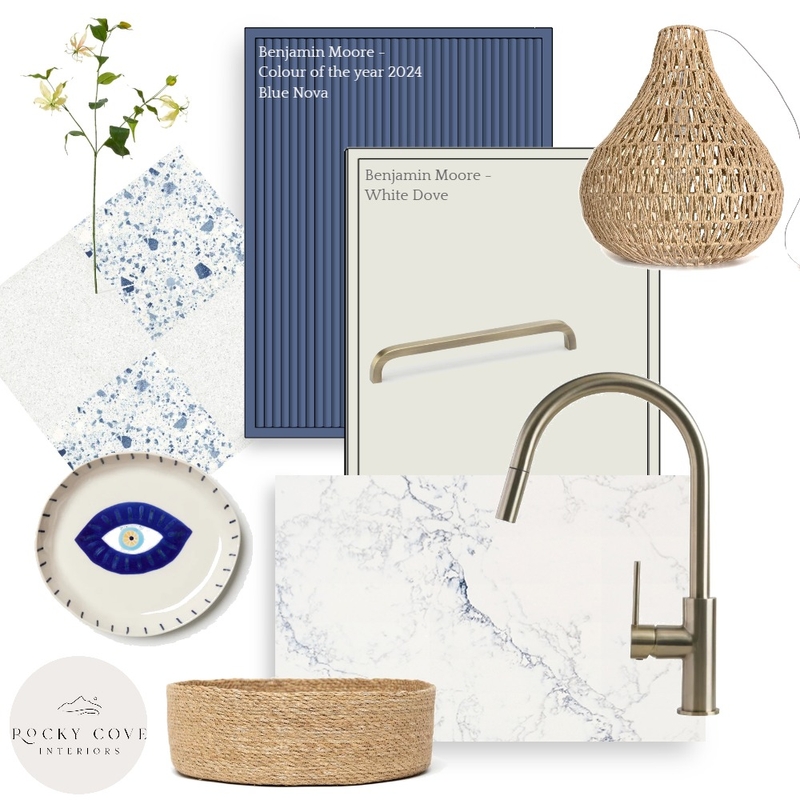 Blue and Taupe Kitchen Flat lay Mood Board by Rockycove Interiors on Style Sourcebook