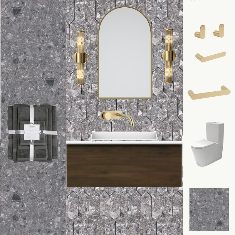Powder room with walnut vanity, gold tapware, grey stone and tiles Mood Board by martina.interior.designer on Style Sourcebook