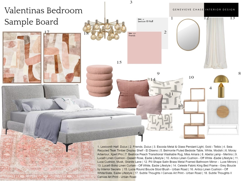 Module 10 Sample Board Valentina Bedroom Mood Board by Genevieve Chase Interior Design on Style Sourcebook