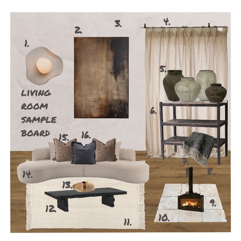 Wabi Sabi Living Room Mood Board Interior Design Mood Board by Dune Drifter Interiors