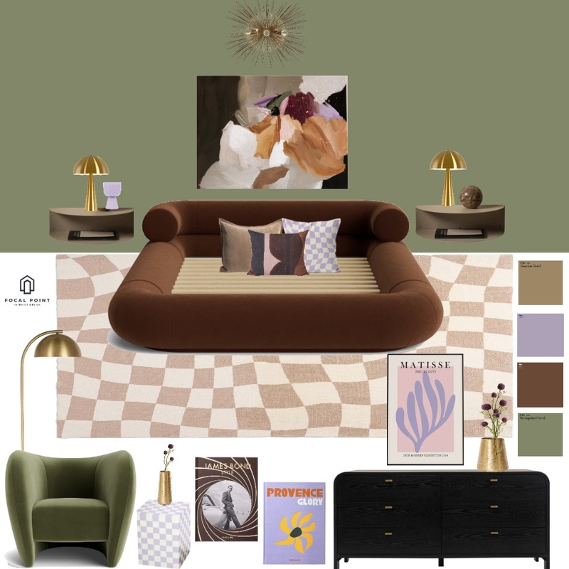 Modern Olive and Lilac Bedroom Mood Board by Focal Point Interior on Style Sourcebook
