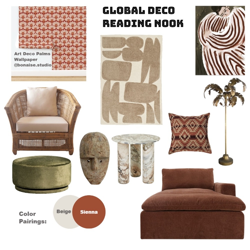 Global Deco Reading Nook Mood Board by Bonaise Surface Designer (Textiles, Wallpaper + More) on Style Sourcebook