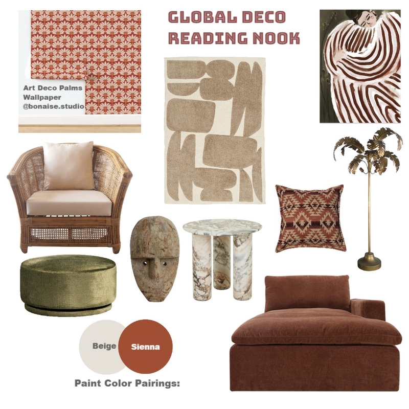 Global Deco Reading Nook Mood Board by Bonaise Surface Designer (Textiles, Wallpaper + More) on Style Sourcebook