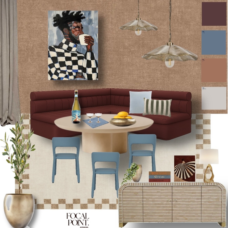 Burgundy Metallic Blue Banquet Dining Room Mood Board by Focal Point Interior on Style Sourcebook