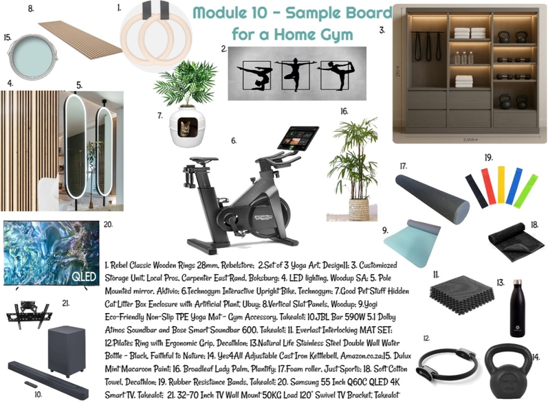 Sample Board for Module 10 - Home Gym`02-06-25 Final Mood Board by JudyK on Style Sourcebook