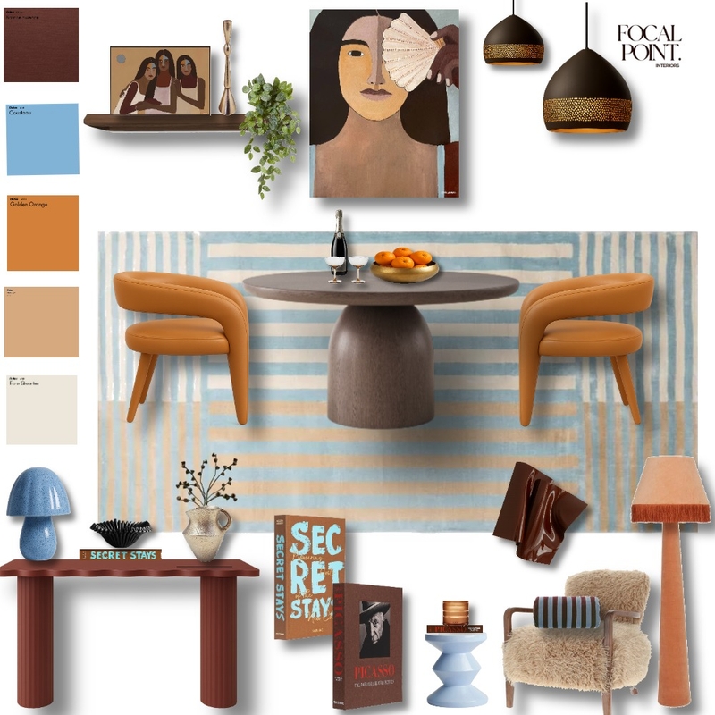 Periwinkle blue, mustard and bronze dining room Mood Board by Focal Point Interior on Style Sourcebook