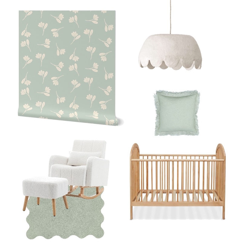 Cottagecore Dainty Floral Sage Green Wallpaper for Baby Nursery Mood Board by ashclarkart on Style Sourcebook