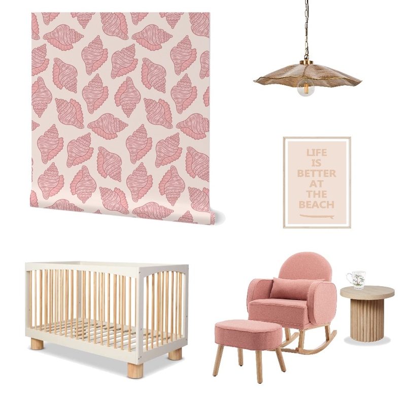Pink Preppy Coastal Seashells Wallpaper for Nursery Decor Mood Board by ashclarkart on Style Sourcebook