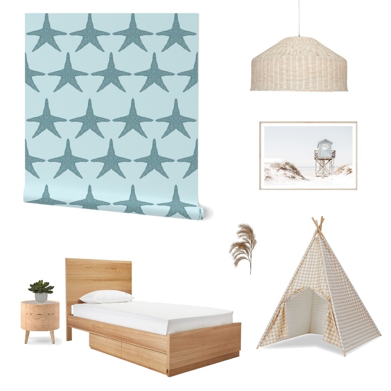 Blue preppy Coastal Starfish Wallpaper for Kid’s Room Decor Mood Board by ashclarkart on Style Sourcebook