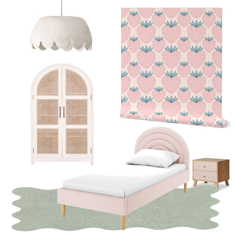 Preppy Cottagecore Pink Strawberries Wallpaper for Girl’s Room Decor Mood Board by ashclarkart on Style Sourcebook