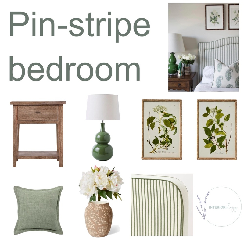 Green bedroom with pinstripe bedhead Mood Board by interiorology on Style Sourcebook