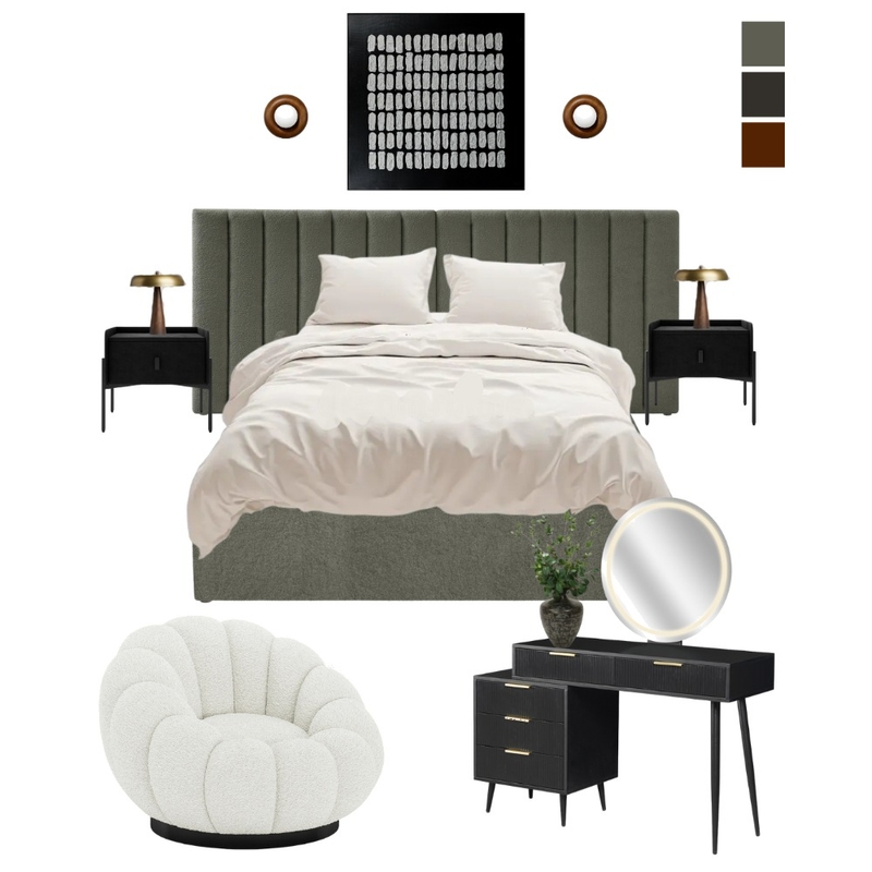 A Calm Contemporary Bedroom in Olive, Black, and Warm Brass Mood Board by Luxo Living on Style Sourcebook