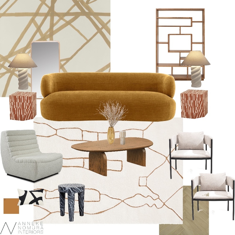 Contemporary Mid-Century Living Room - Burnt Orange Rug Mood Board by ANNEKE NOMURA INTERIORS on Style Sourcebook