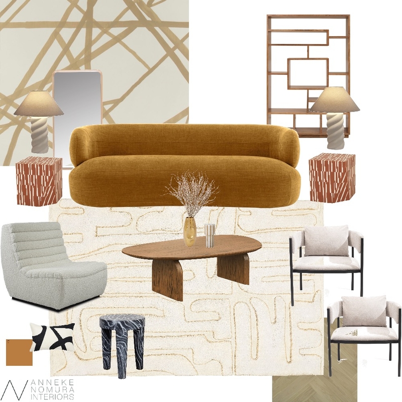 Contemporary Mid-Century Living Room - Gold Rug Mood Board by ANNEKE NOMURA INTERIORS on Style Sourcebook