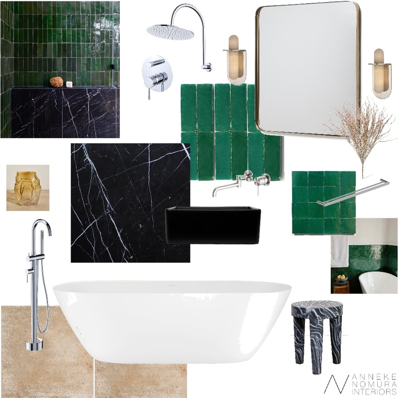 Jade Green Zellige Tile and Black Marble Bathroom Mood Board by ANNEKE NOMURA INTERIORS on Style Sourcebook